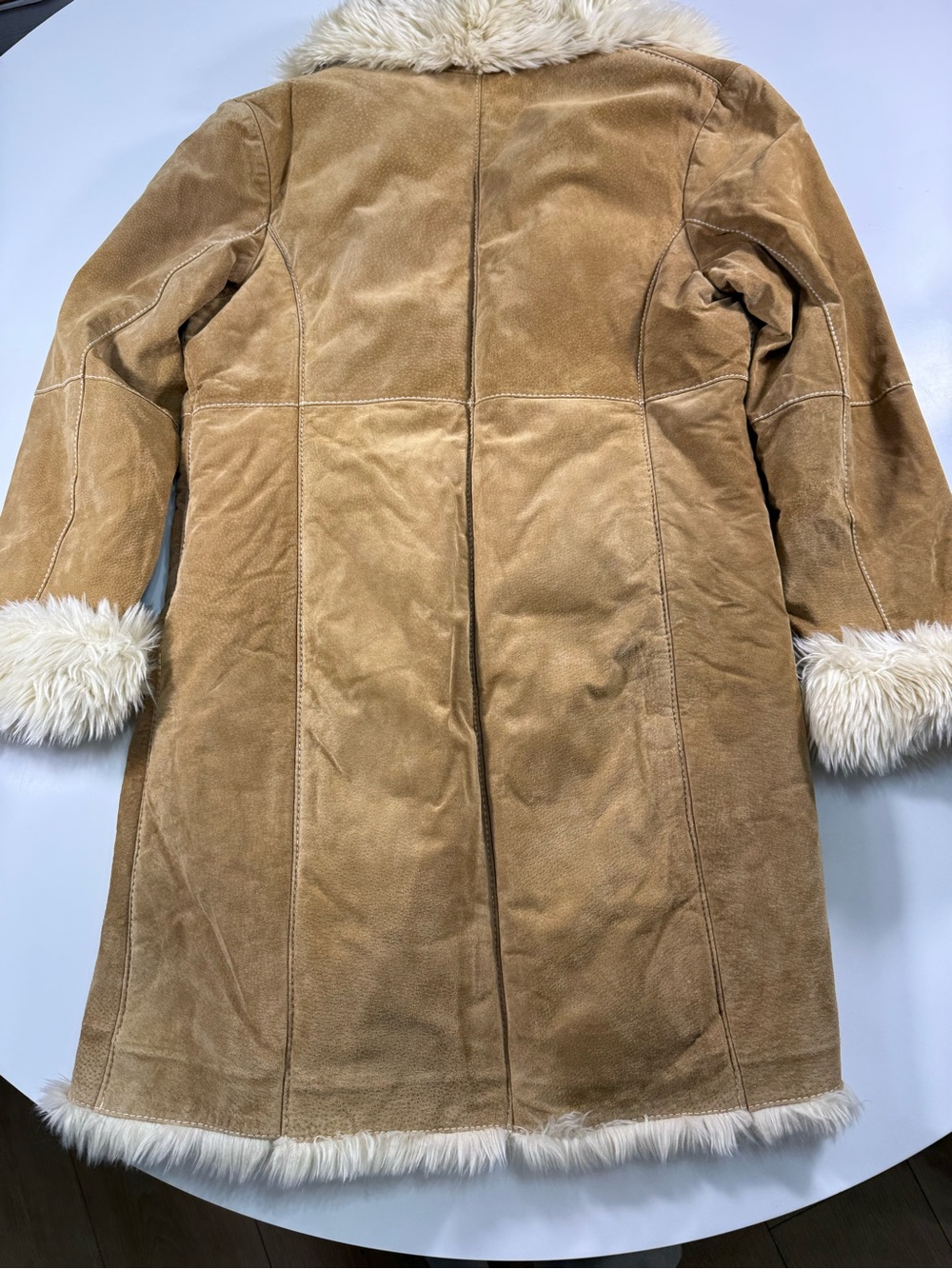 Penny Lane Brown Suede Shearling Coat with Cream Fur Trim - Picture 14 of 14